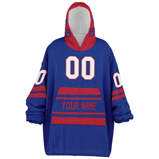 Blue and red classic snug hoodie featuring jersey-style stripes and personalized name and number.
