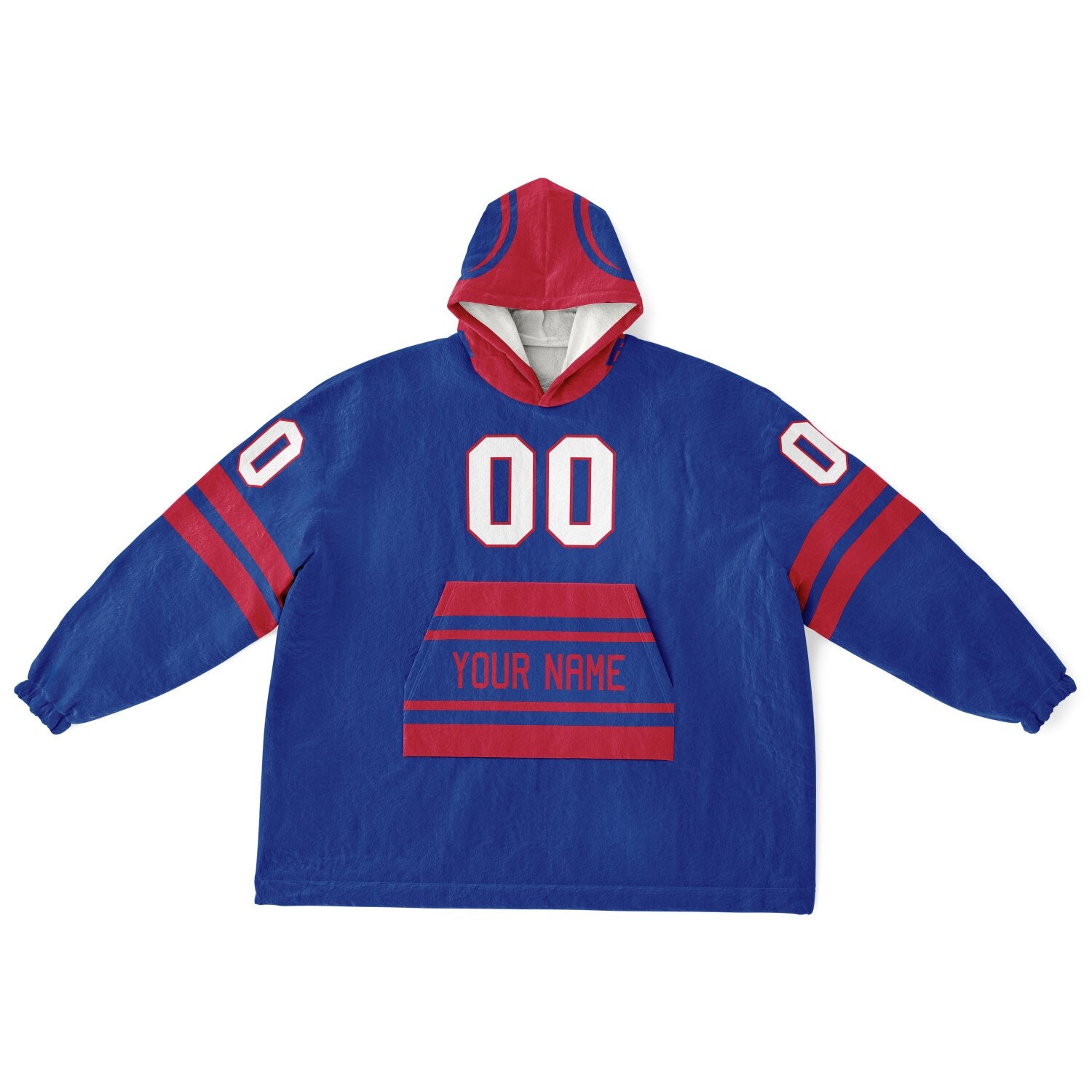 Blue and red classic snug hoodie featuring jersey-style stripes and personalized name and number.