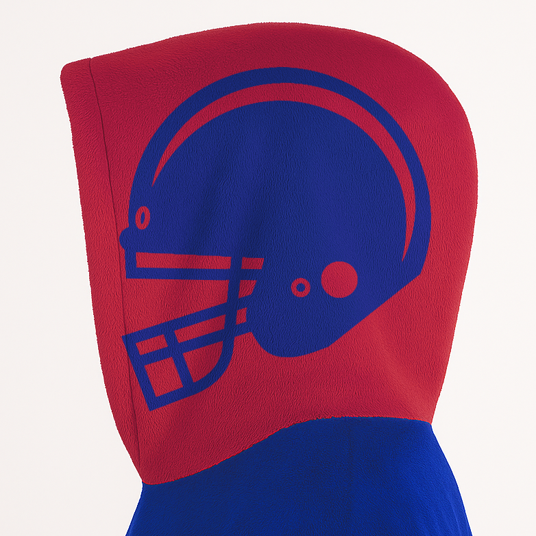 Blue and red classic snug hoodie featuring jersey-style stripes and personalized name and number.