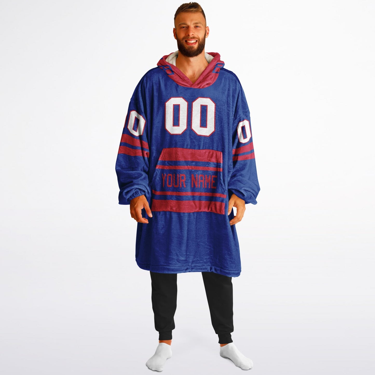 Blue and red classic snug hoodie featuring jersey-style stripes and personalized name and number.