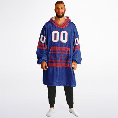 Blue and red classic snug hoodie featuring jersey-style stripes and personalized name and number.