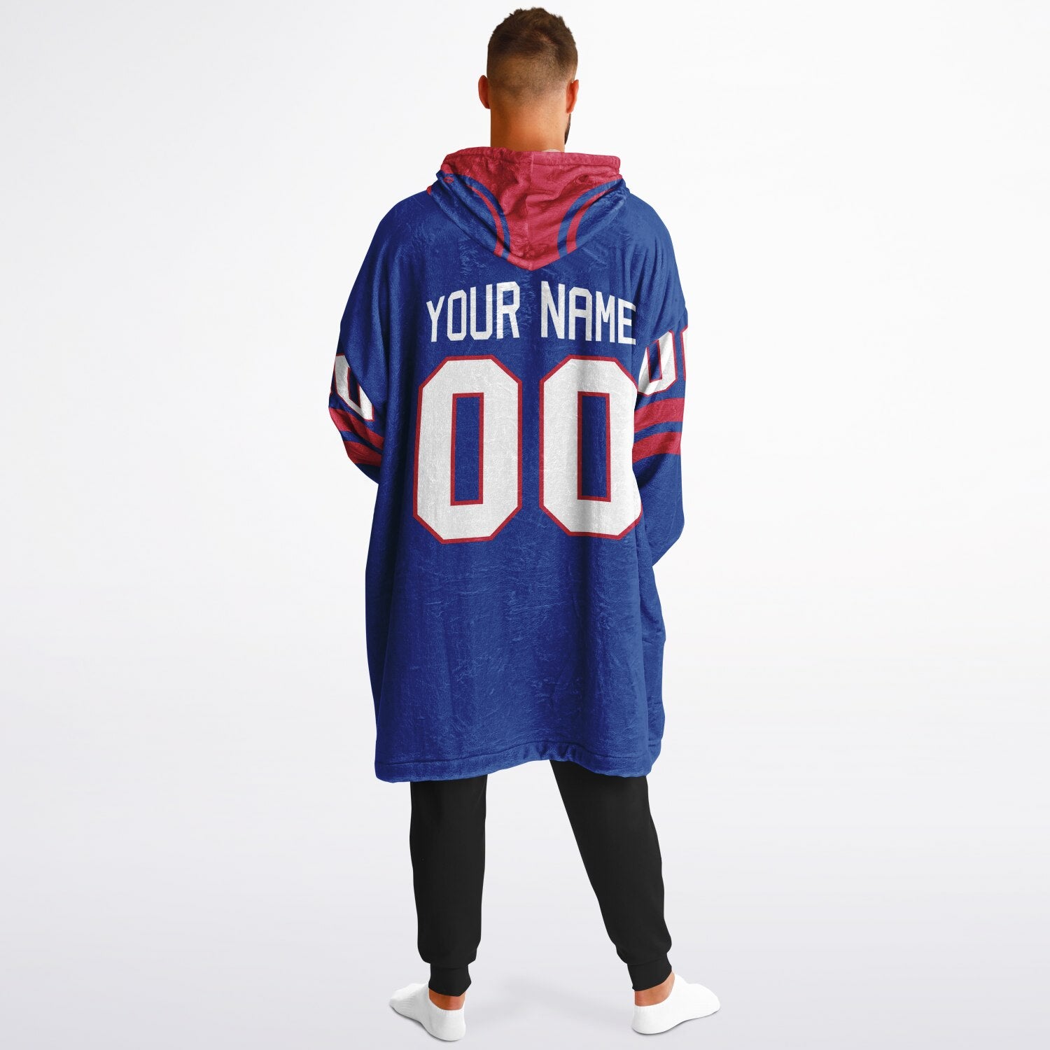 Blue and red classic snug hoodie featuring jersey-style stripes and personalized name and number.