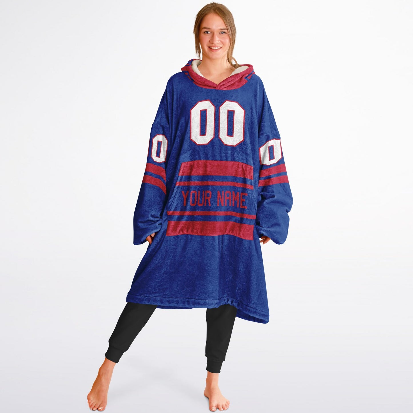 Blue and red classic snug hoodie featuring jersey-style stripes and personalized name and number.