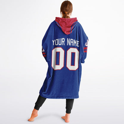 Blue and red classic snug hoodie featuring jersey-style stripes and personalized name and number.