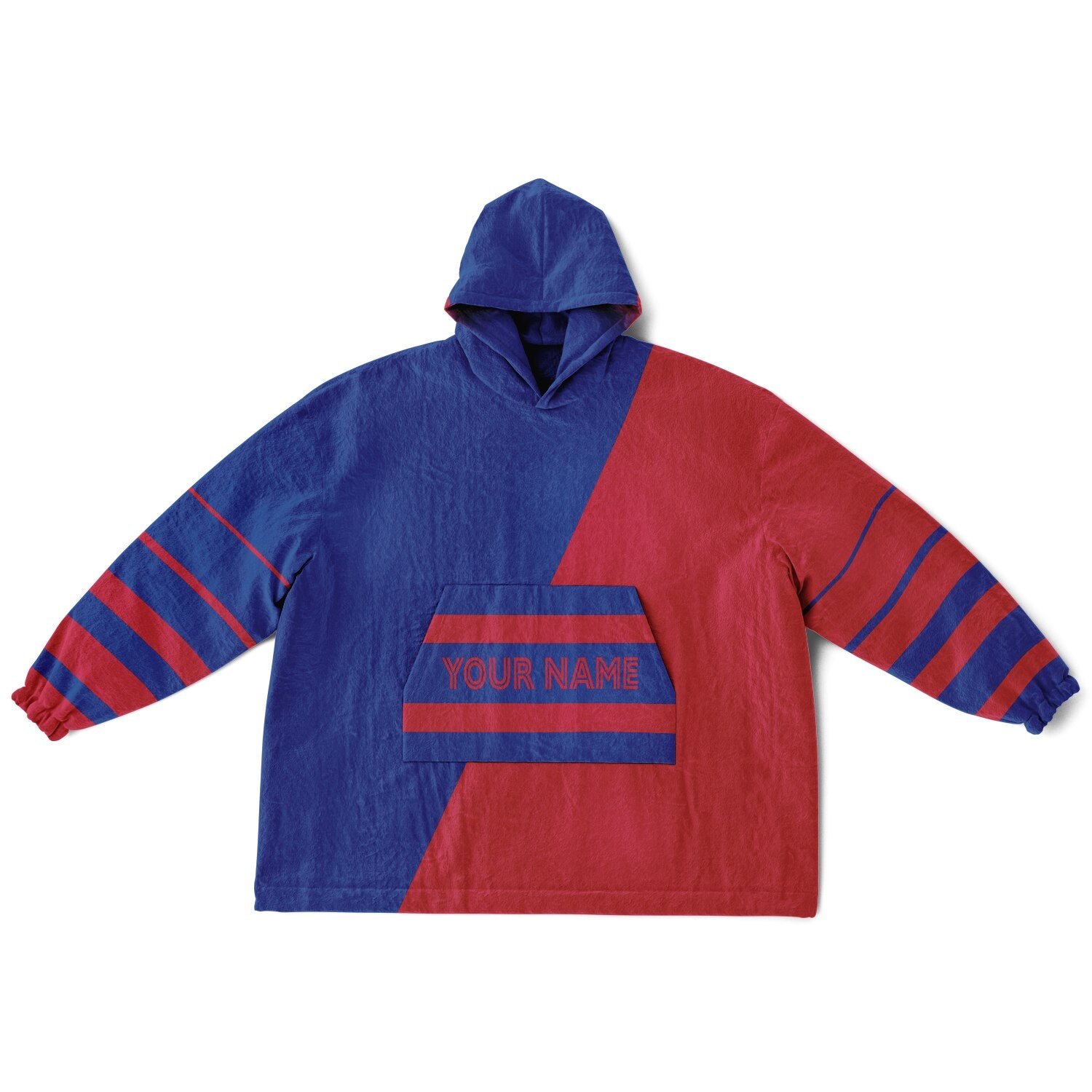 Blue and red reversible snug hoodie with soft interior lining and casual everyday style for football fans.
