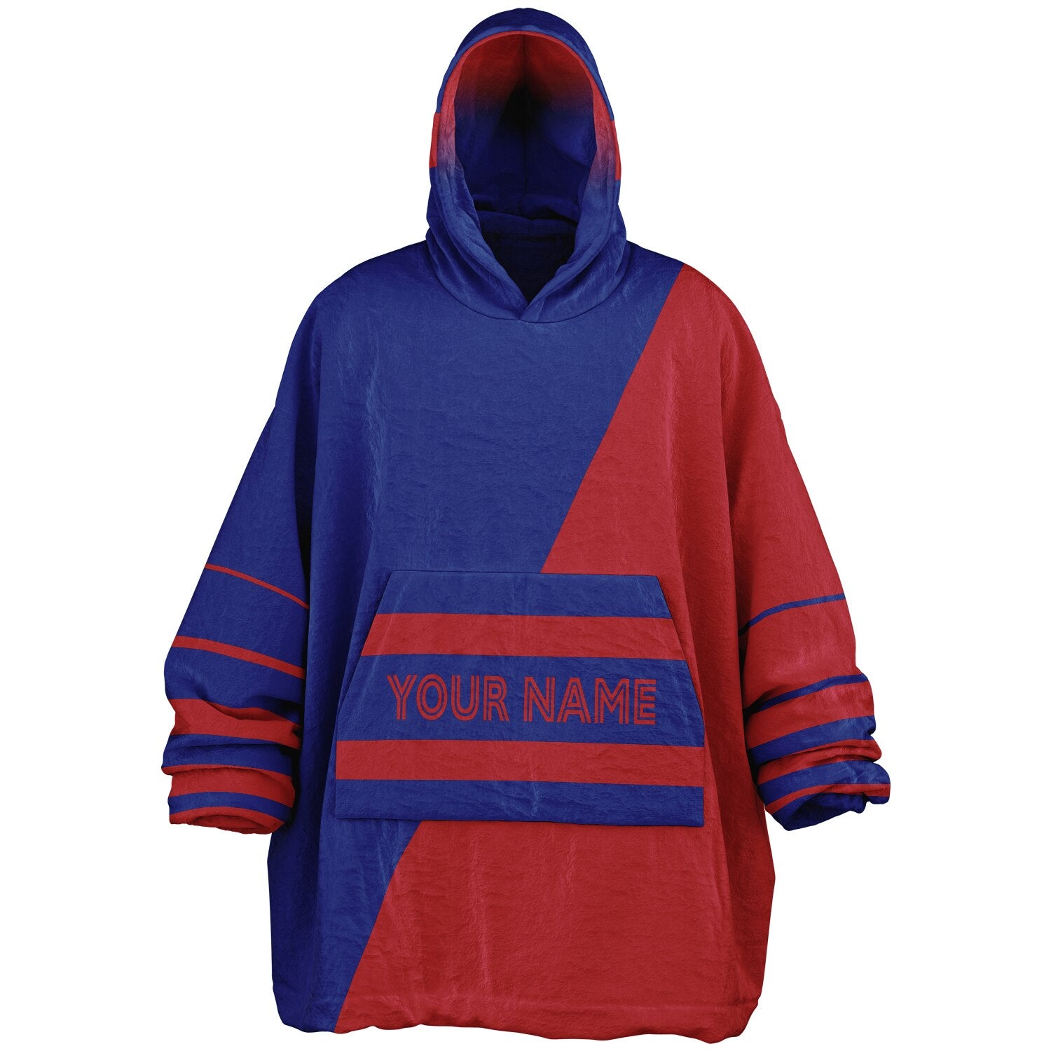 Blue and red reversible snug hoodie with soft interior lining and casual everyday style for football fans.