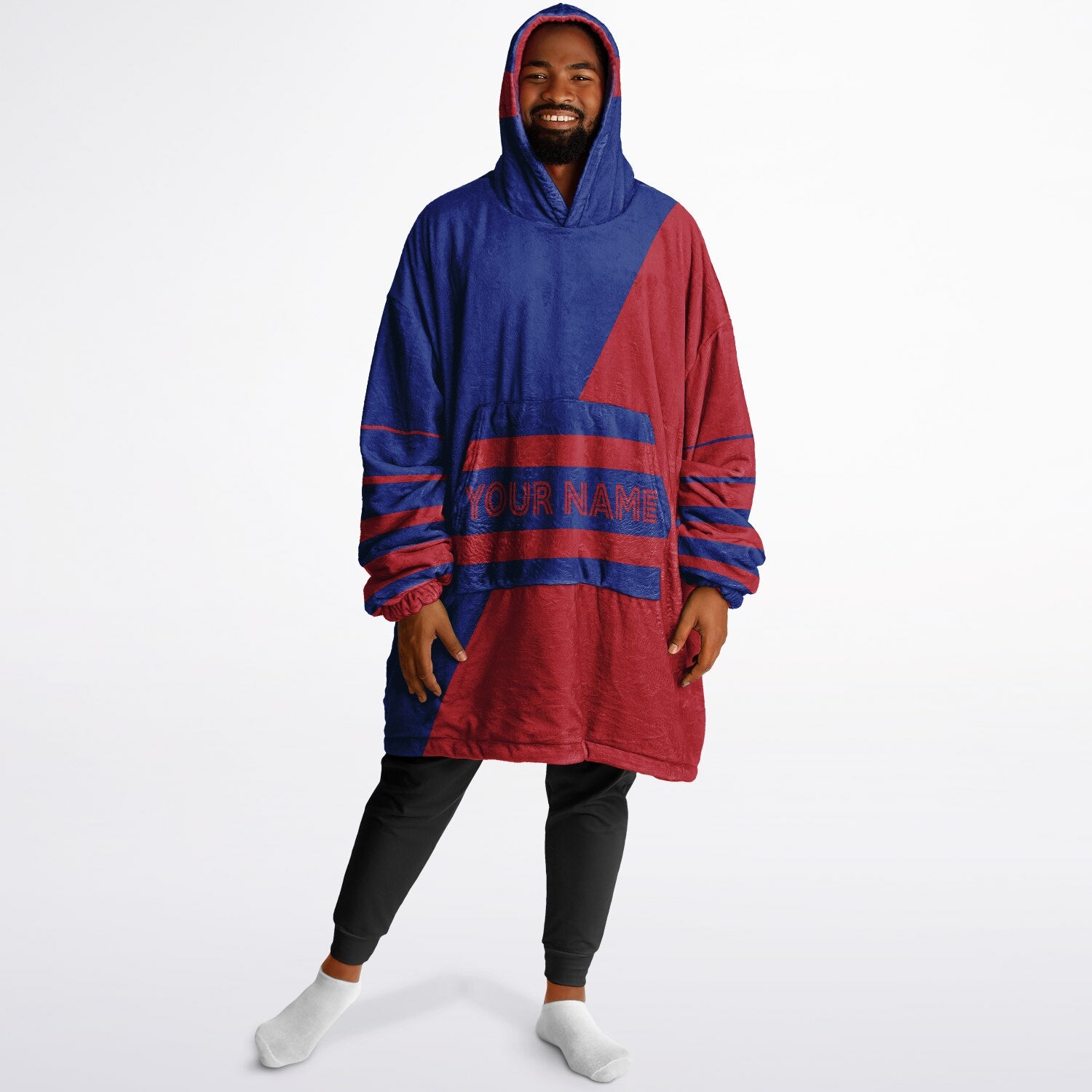 Blue and red reversible snug hoodie with soft interior lining and casual everyday style for football fans.
