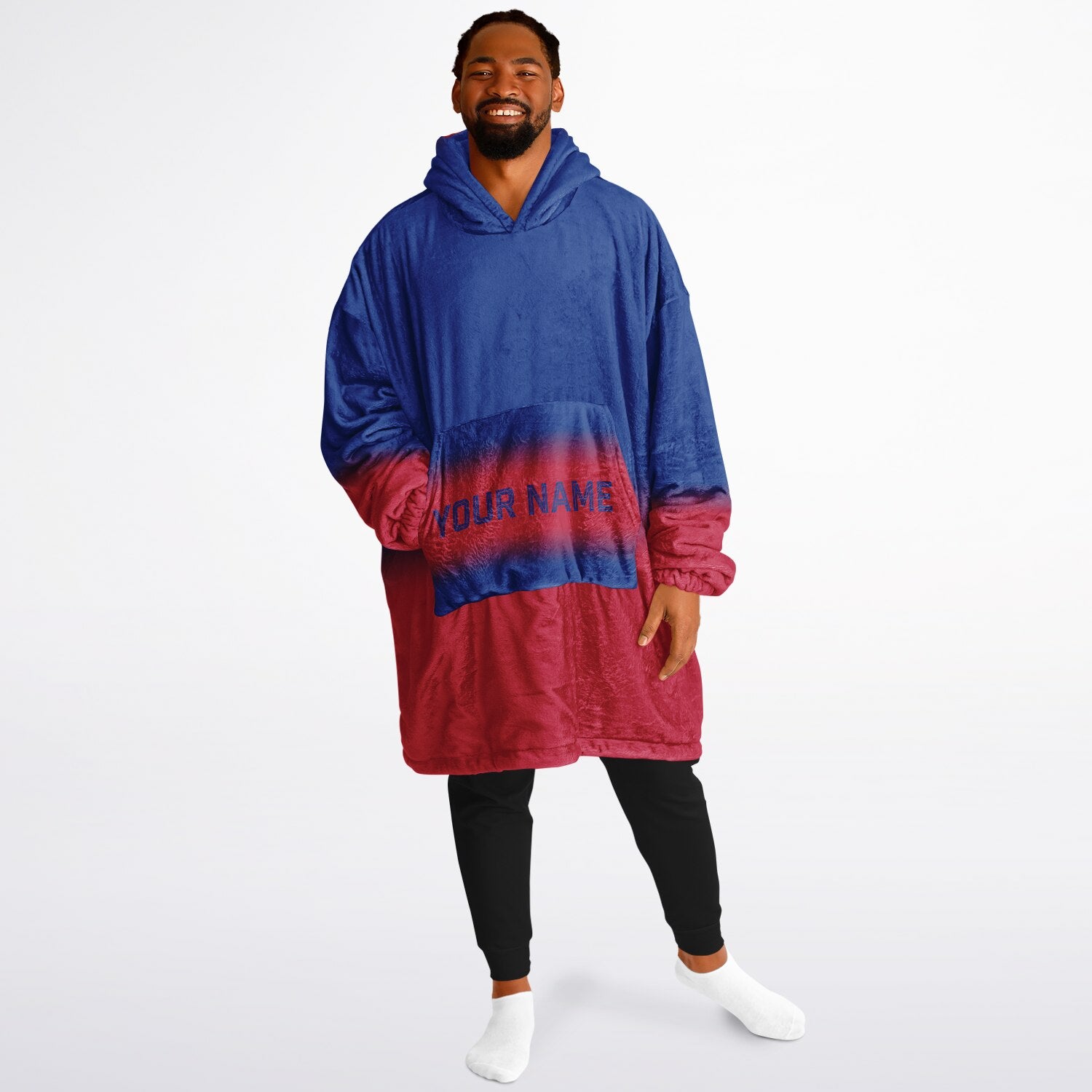 Blue and red reversible snug hoodie with soft interior lining and casual everyday style for football fans.