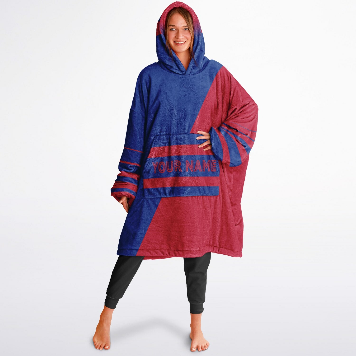 Blue and red reversible snug hoodie with soft interior lining and casual everyday style for football fans.