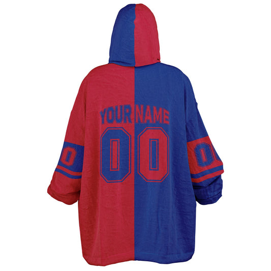 Blue and red halftime snug hoodie featuring a symmetrical split design for a dynamic game-day look.