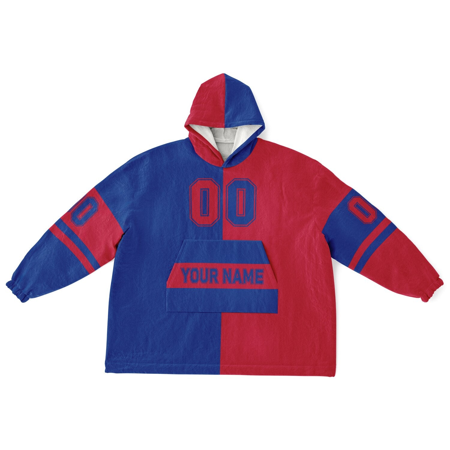Blue and red halftime snug hoodie featuring a symmetrical split design for a dynamic game-day look.