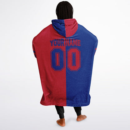Blue and red halftime snug hoodie featuring a symmetrical split design for a dynamic game-day look.