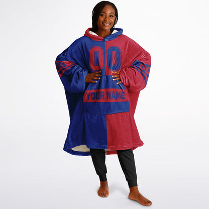 Blue and red halftime snug hoodie featuring a symmetrical split design for a dynamic game-day look.