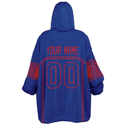 Blue and red lineup snug hoodie featuring sleek line-art details and minimalist team-inspired design.