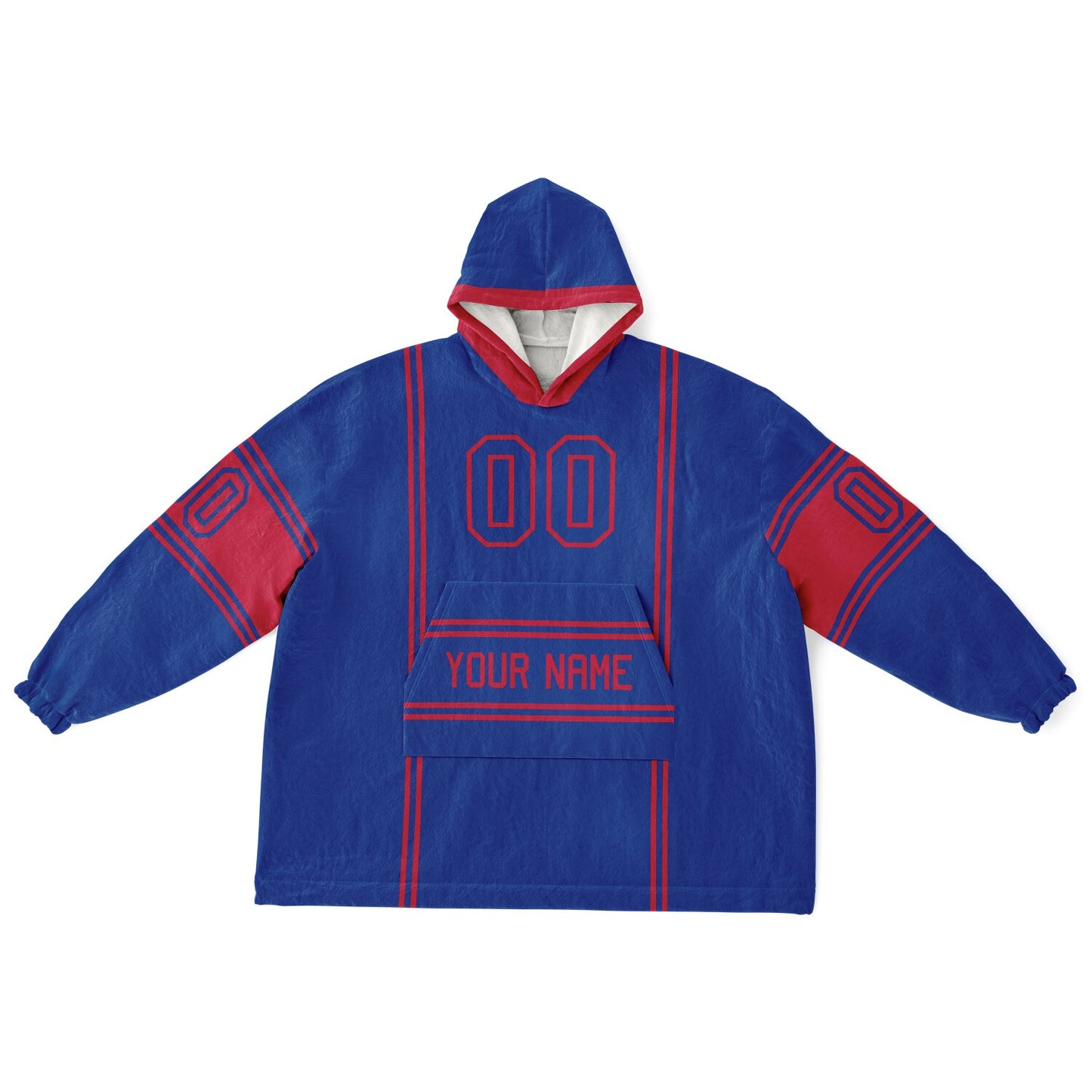 Blue and red lineup snug hoodie featuring sleek line-art details and minimalist team-inspired design.