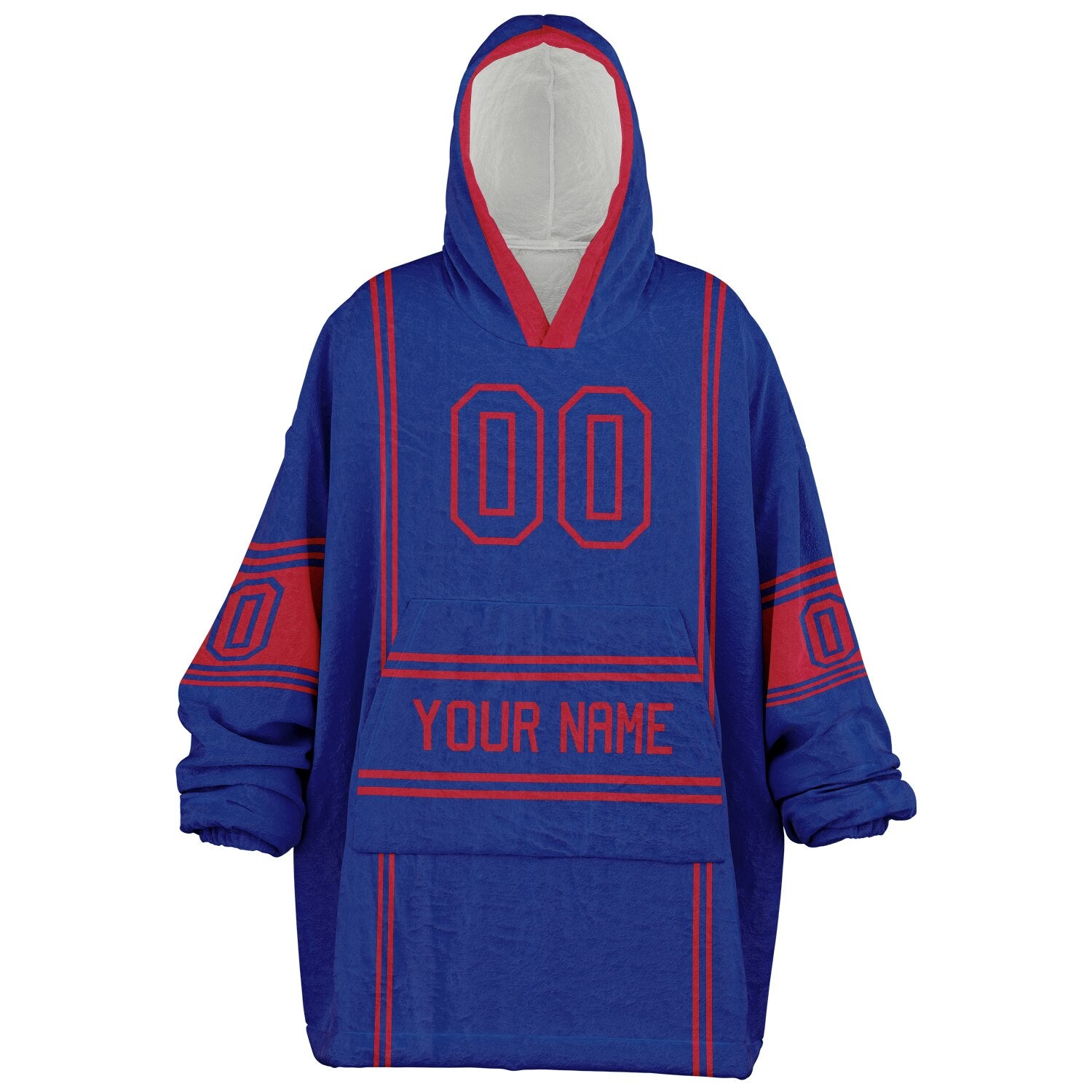 Blue and red lineup snug hoodie featuring sleek line-art details and minimalist team-inspired design.