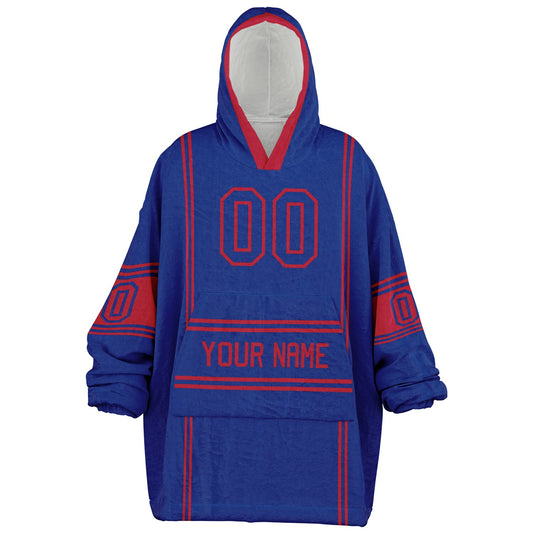 Blue and red lineup snug hoodie featuring sleek line-art details and minimalist team-inspired design.