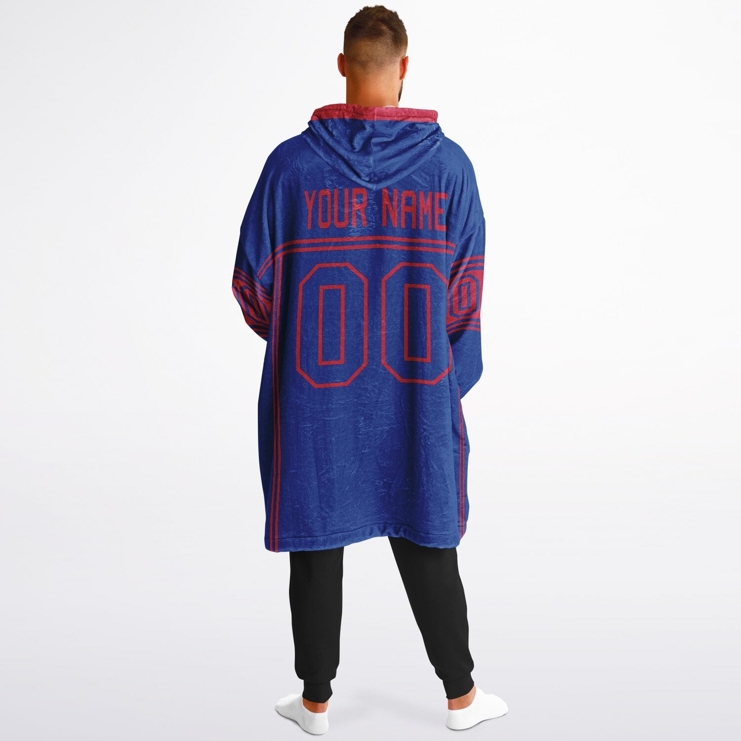 Blue and red lineup snug hoodie featuring sleek line-art details and minimalist team-inspired design.