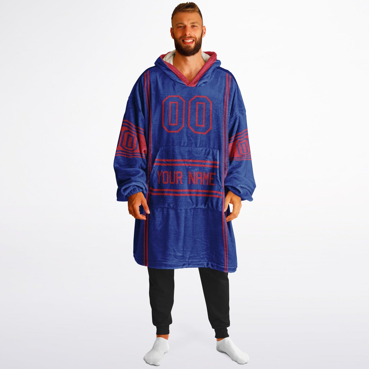 Blue and red lineup snug hoodie featuring sleek line-art details and minimalist team-inspired design.