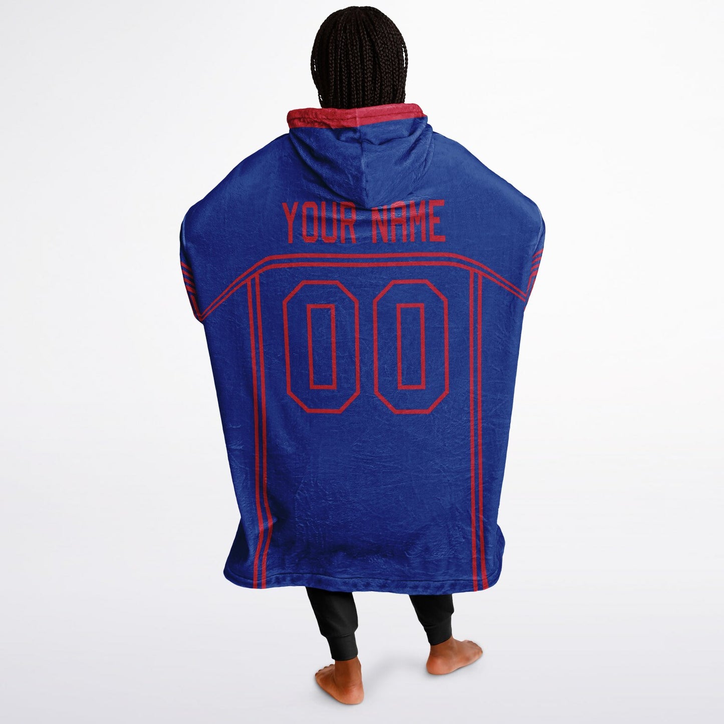 Blue and red lineup snug hoodie featuring sleek line-art details and minimalist team-inspired design.
