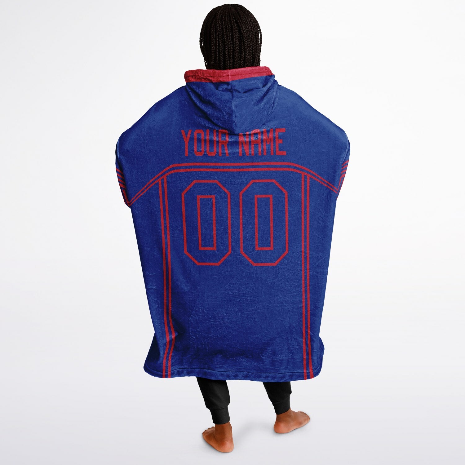 Blue and red lineup snug hoodie featuring sleek line-art details and minimalist team-inspired design.