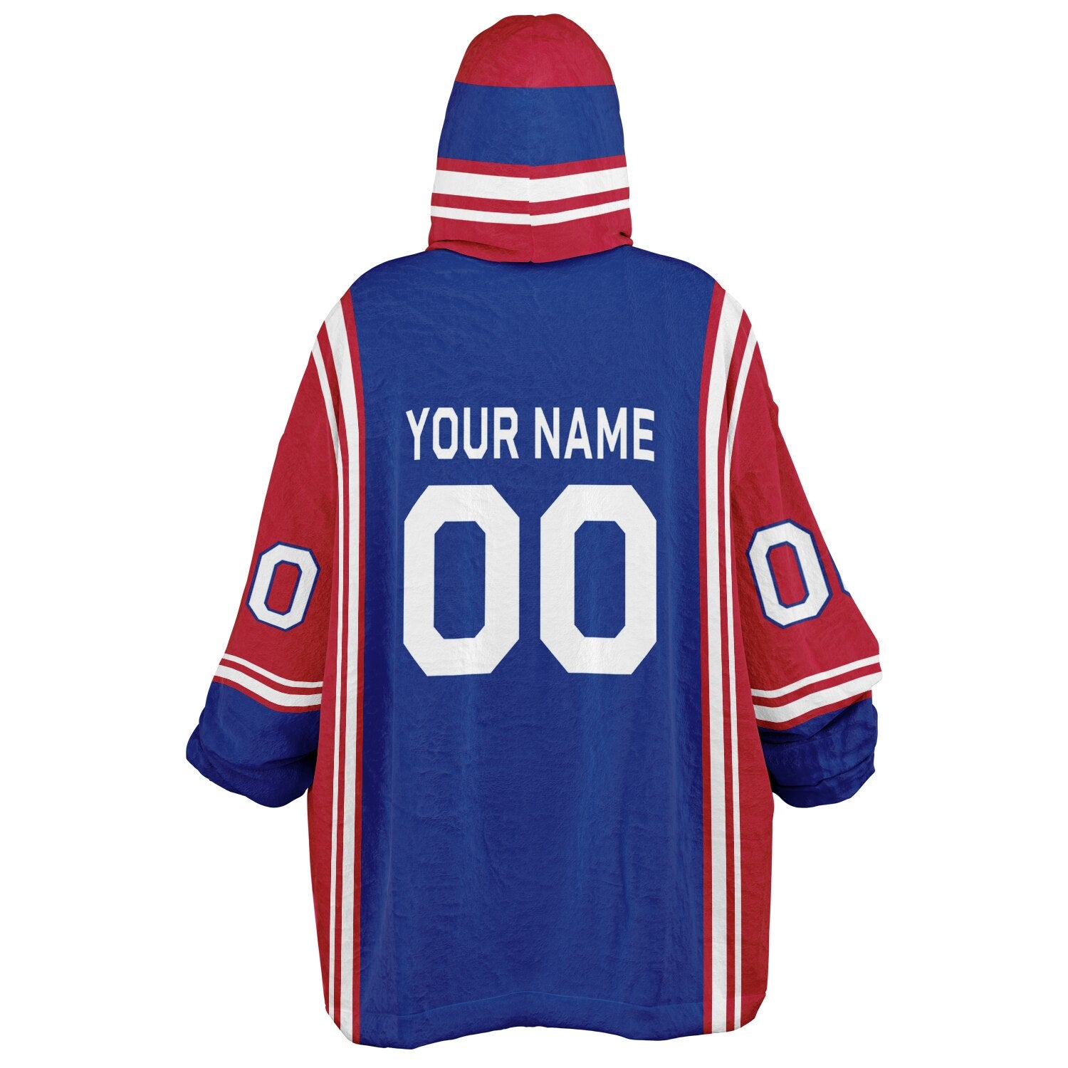 Blue, red, and white bold snug hoodie with triple color blocking and a sporty aesthetic.