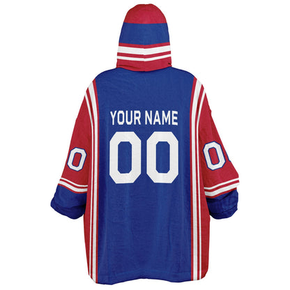 Blue, red, and white bold snug hoodie with triple color blocking and a sporty aesthetic.