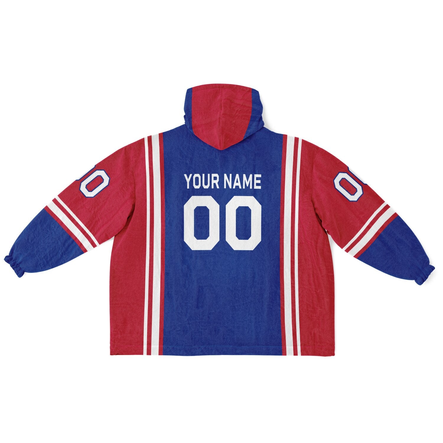 Blue, red, and white bold snug hoodie with triple color blocking and a sporty aesthetic.