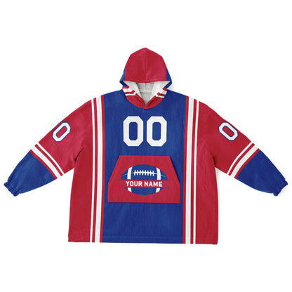Blue, red, and white bold snug hoodie with triple color blocking and a sporty aesthetic.