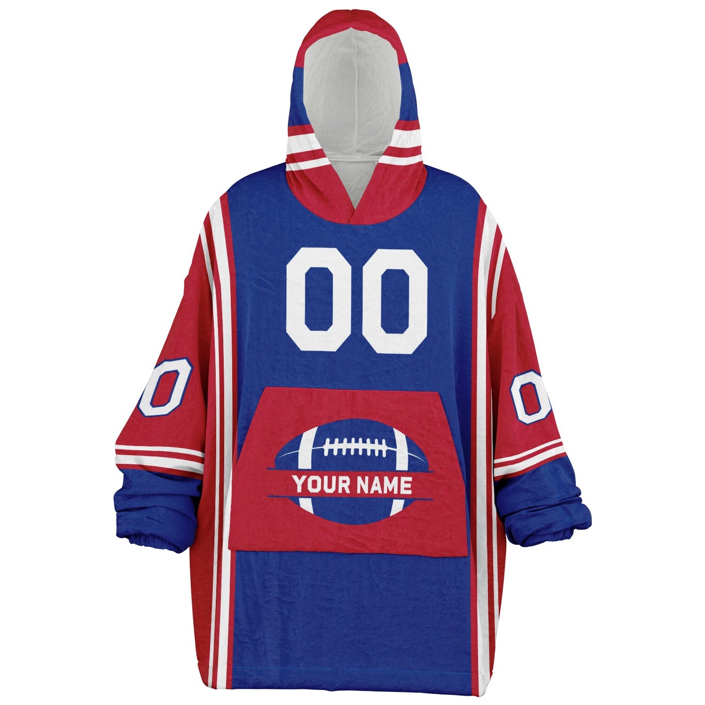 Blue, red, and white bold snug hoodie with triple color blocking and a sporty aesthetic.