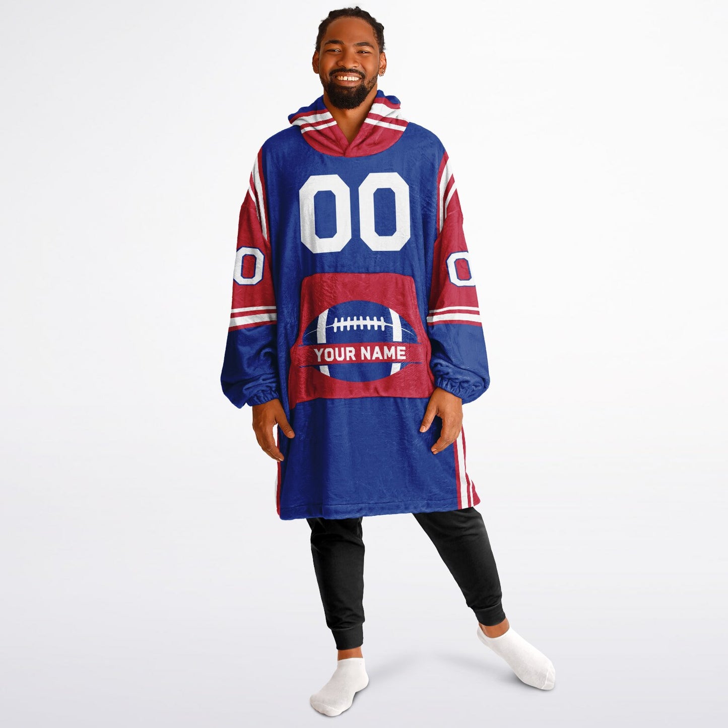 Blue, red, and white bold snug hoodie with triple color blocking and a sporty aesthetic.