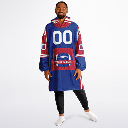 Blue, red, and white bold snug hoodie with triple color blocking and a sporty aesthetic.