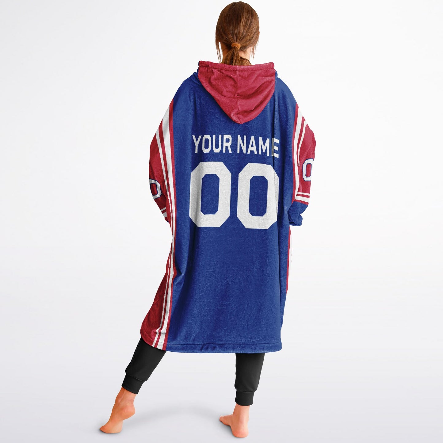 Blue, red, and white bold snug hoodie with triple color blocking and a sporty aesthetic.