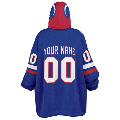 Blue, red, and white classic snug hoodie featuring authentic jersey striping and personalized number details.