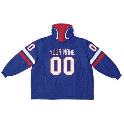 Blue, red, and white classic snug hoodie featuring authentic jersey striping and personalized number details.