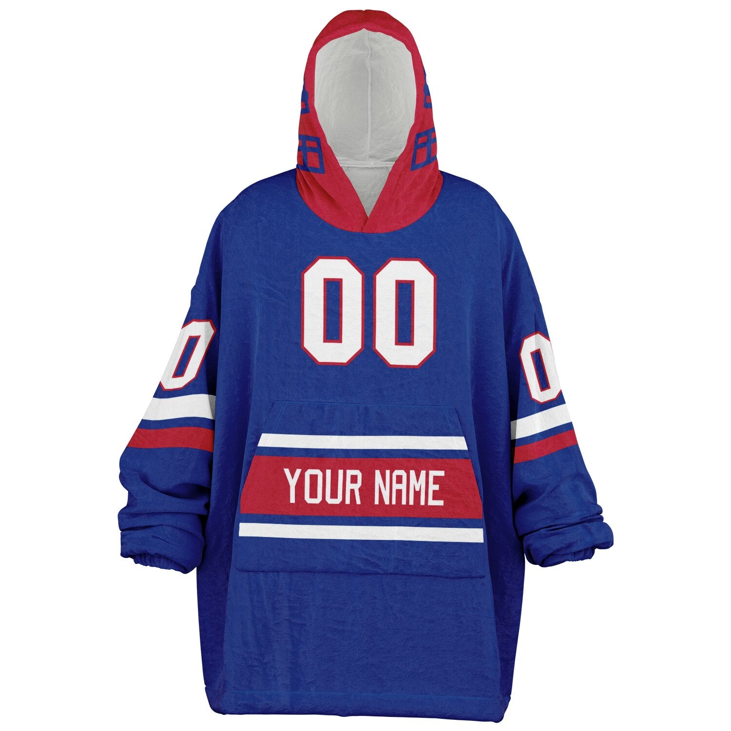 Blue, red, and white classic snug hoodie featuring authentic jersey striping and personalized number details.