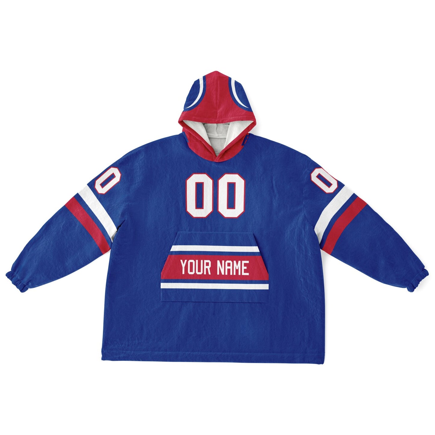 Blue, red, and white classic snug hoodie featuring authentic jersey striping and personalized number details.