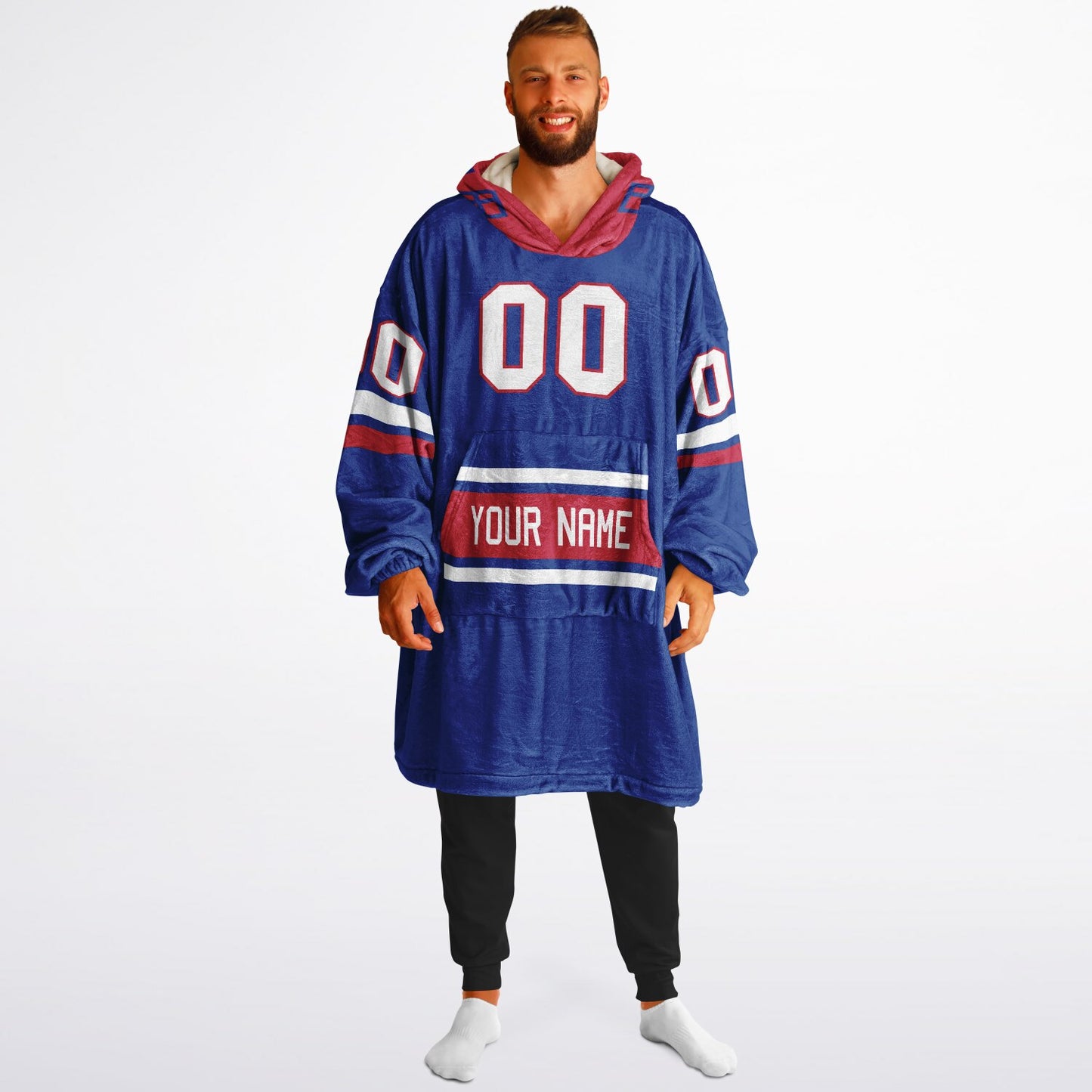Blue, red, and white classic snug hoodie featuring authentic jersey striping and personalized number details.