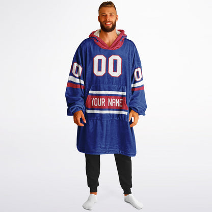 Blue, red, and white classic snug hoodie featuring authentic jersey striping and personalized number details.