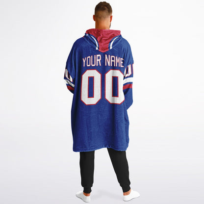 Blue, red, and white classic snug hoodie featuring authentic jersey striping and personalized number details.