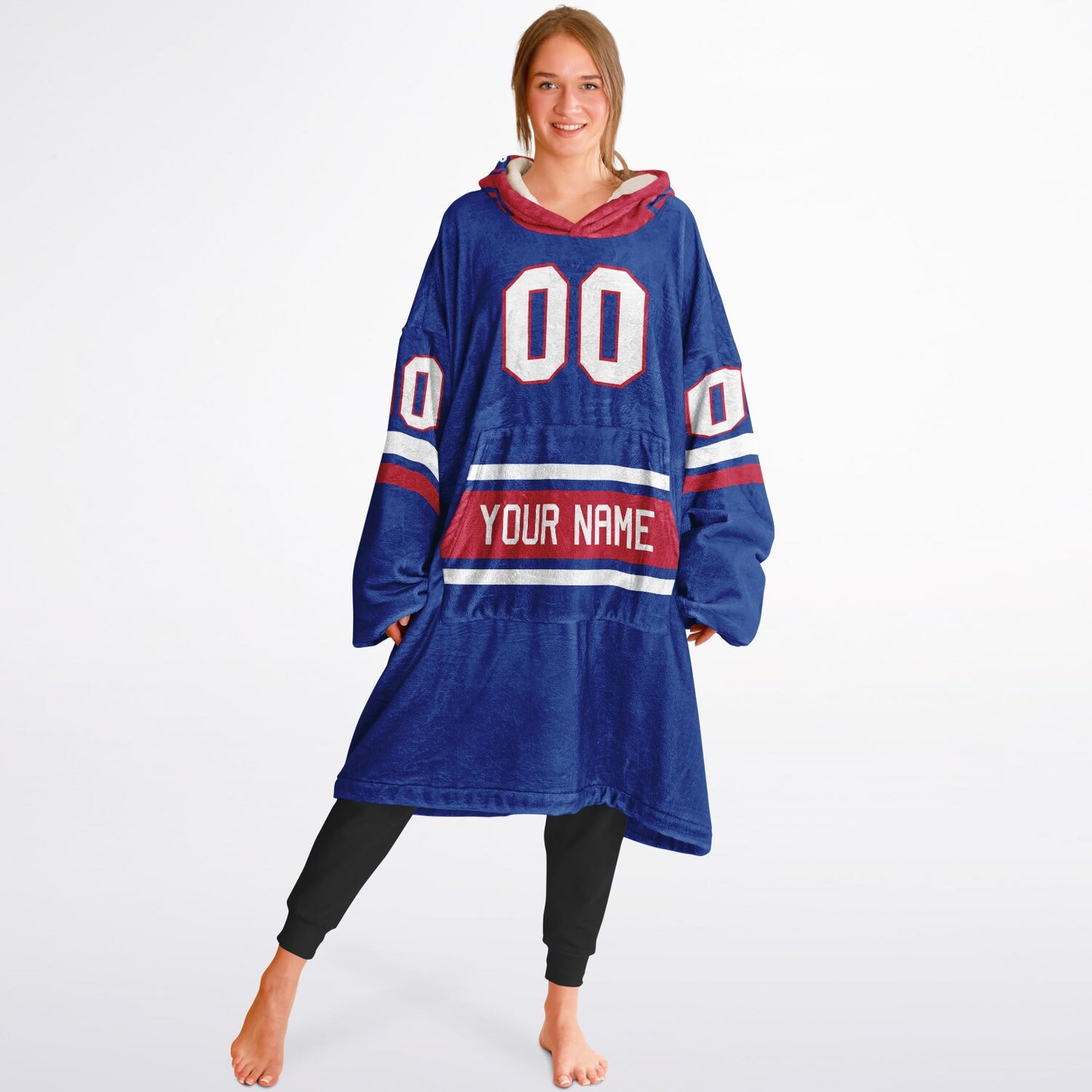 Blue, red, and white classic snug hoodie featuring authentic jersey striping and personalized number details.