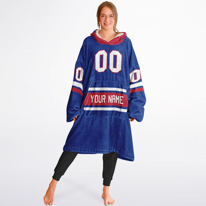 Blue, red, and white classic snug hoodie featuring authentic jersey striping and personalized number details.