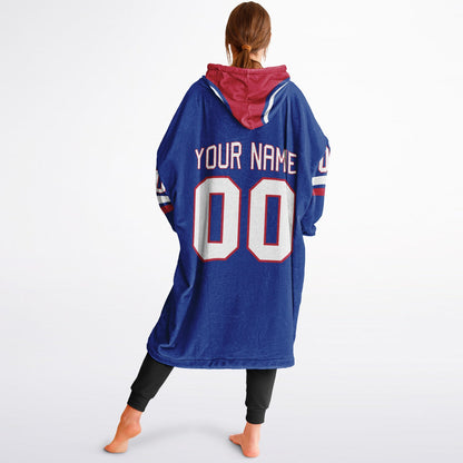 Blue, red, and white classic snug hoodie featuring authentic jersey striping and personalized number details.