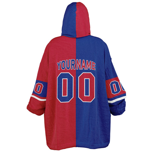 Blue, red, and white halftime snug hoodie with three-tone split design and cozy fleece texture.