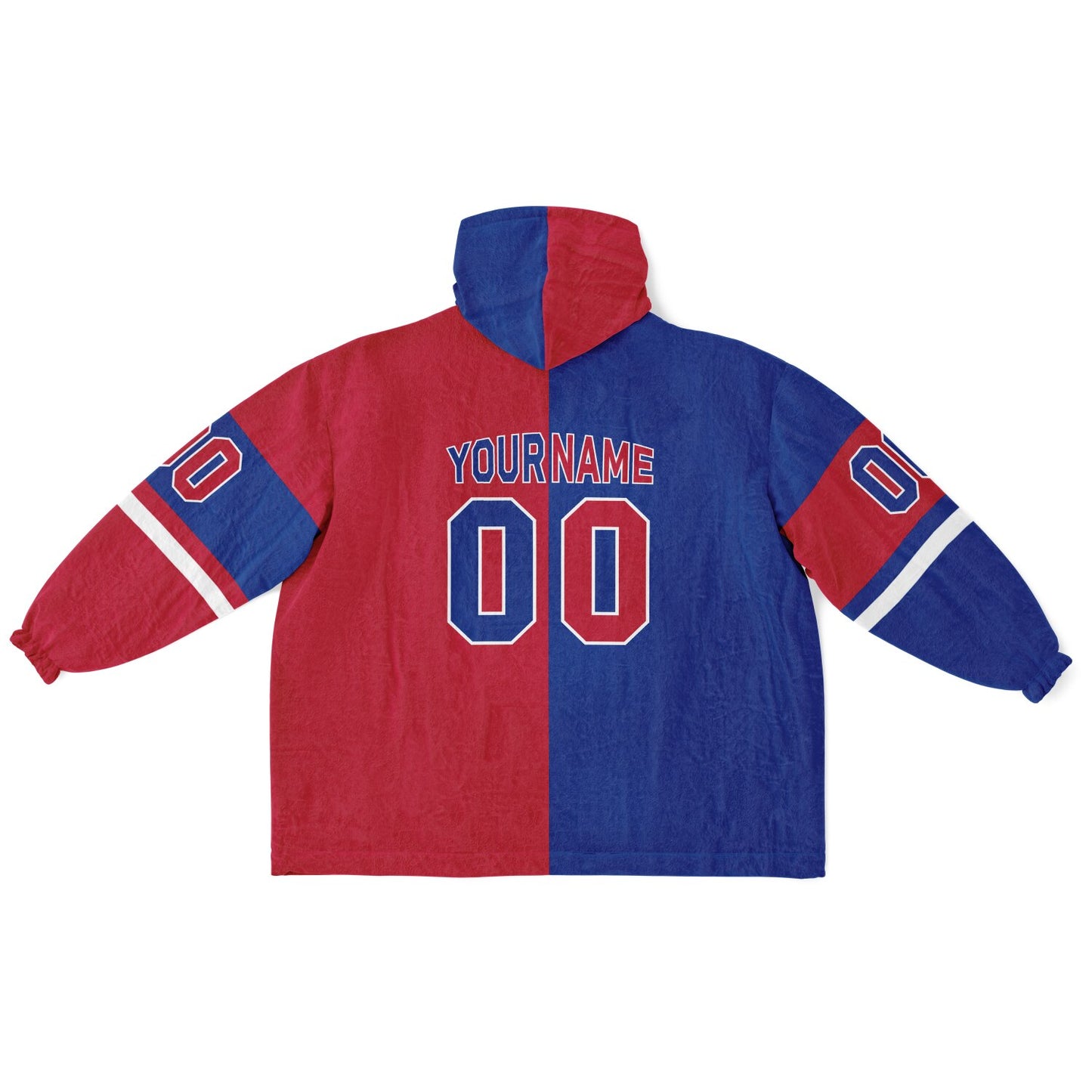 Blue, red, and white halftime snug hoodie with three-tone split design and cozy fleece texture.