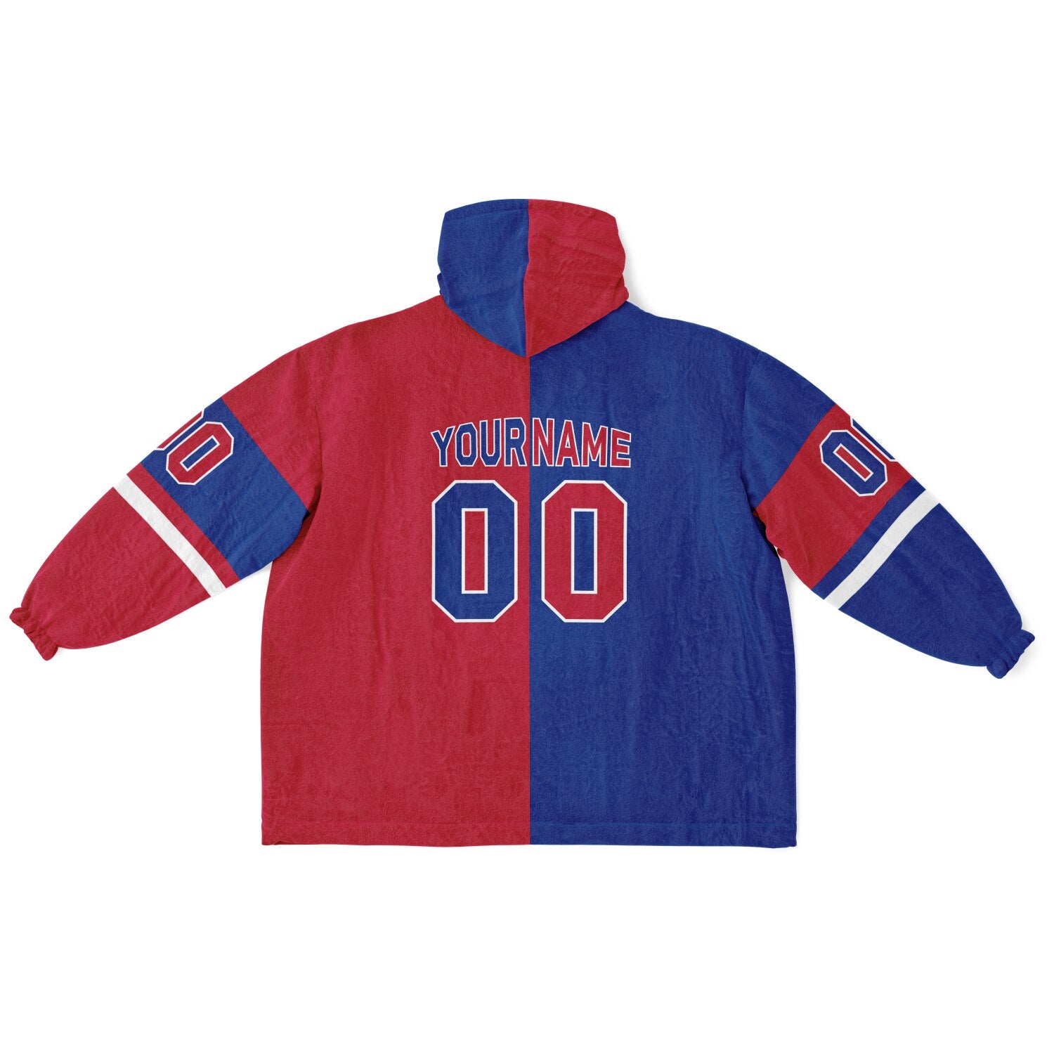 Blue, red, and white halftime snug hoodie with three-tone split design and cozy fleece texture.