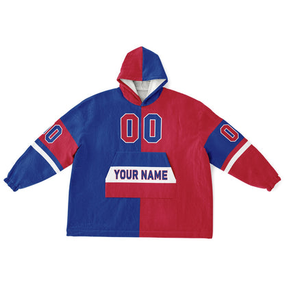 Blue, red, and white halftime snug hoodie with three-tone split design and cozy fleece texture.