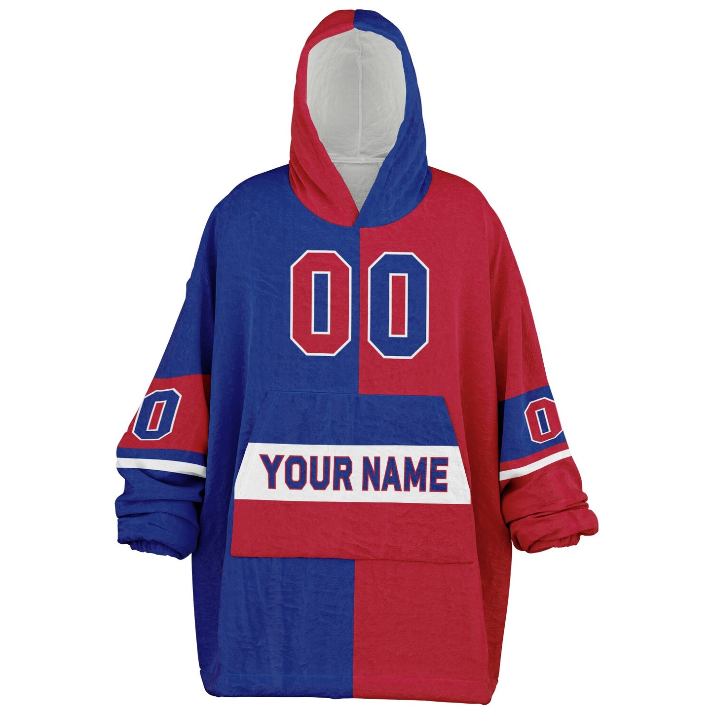 Blue, red, and white halftime snug hoodie with three-tone split design and cozy fleece texture.