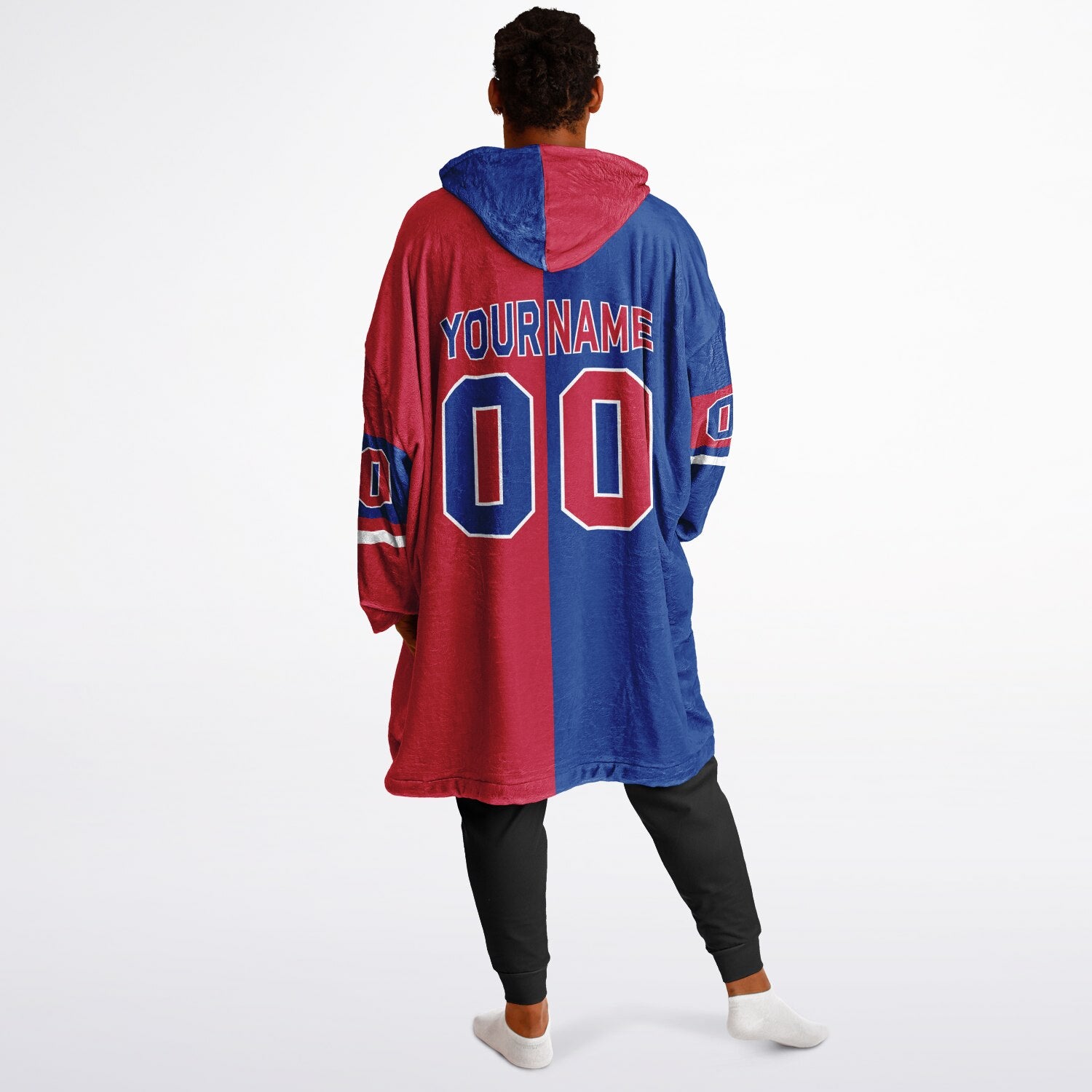 Blue, red, and white halftime snug hoodie with three-tone split design and cozy fleece texture.