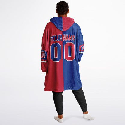 Blue, red, and white halftime snug hoodie with three-tone split design and cozy fleece texture.